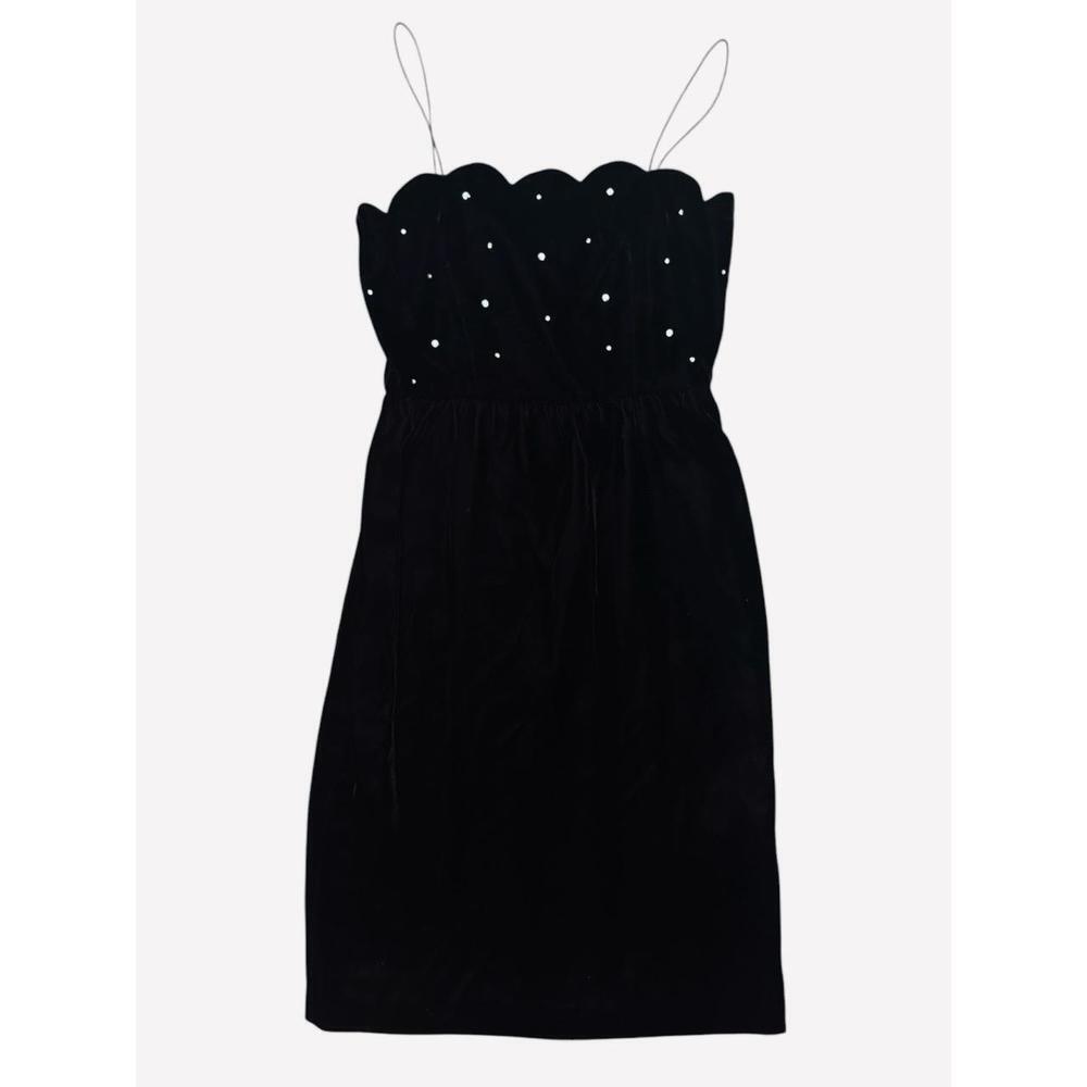 Vintage Black Velvet Mini Cami Dress & Jacket Scalloped Trim Rhinestones Size 12 - Picture 2 of 8